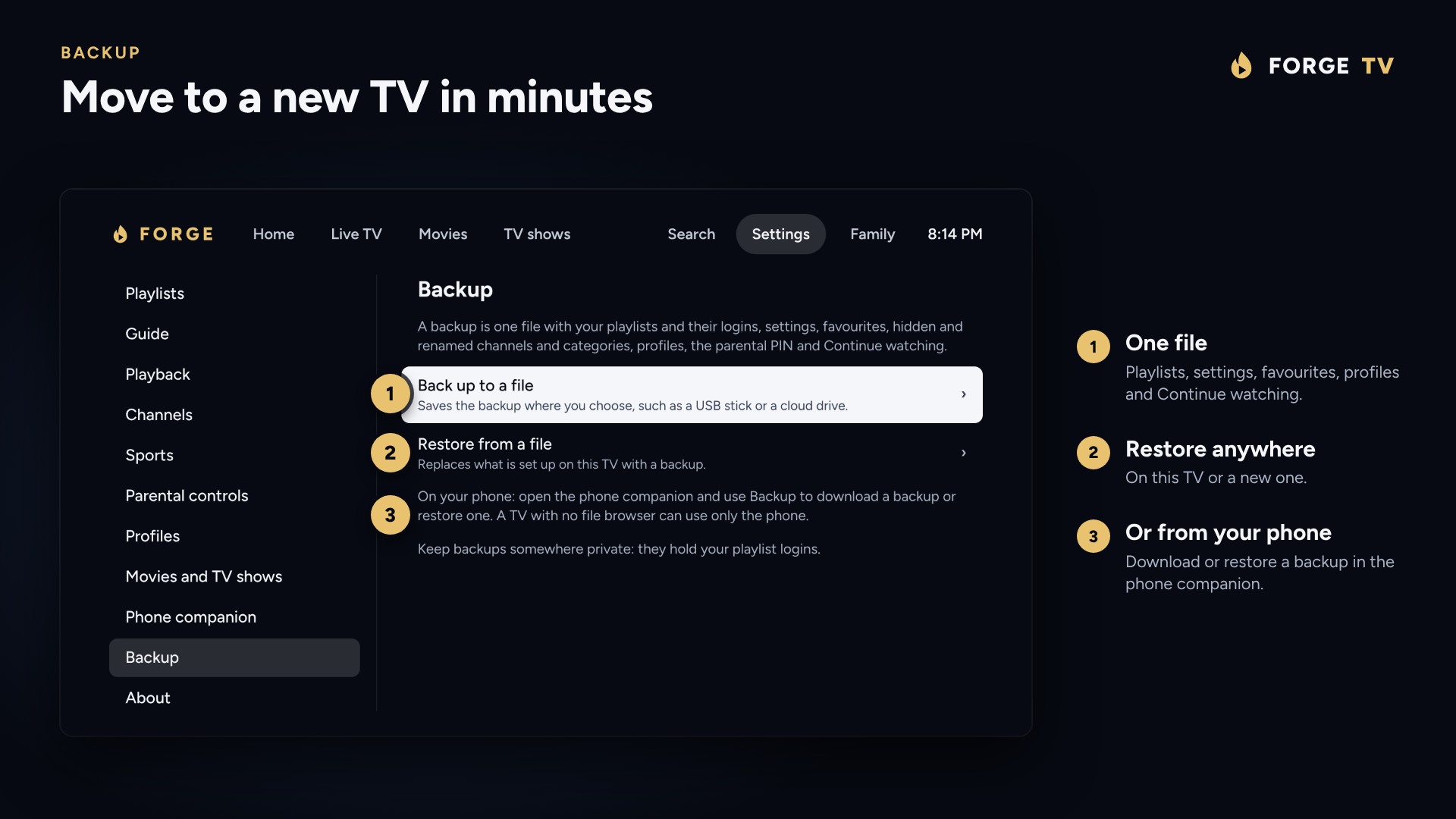 Backup: move to a new TV in minutes