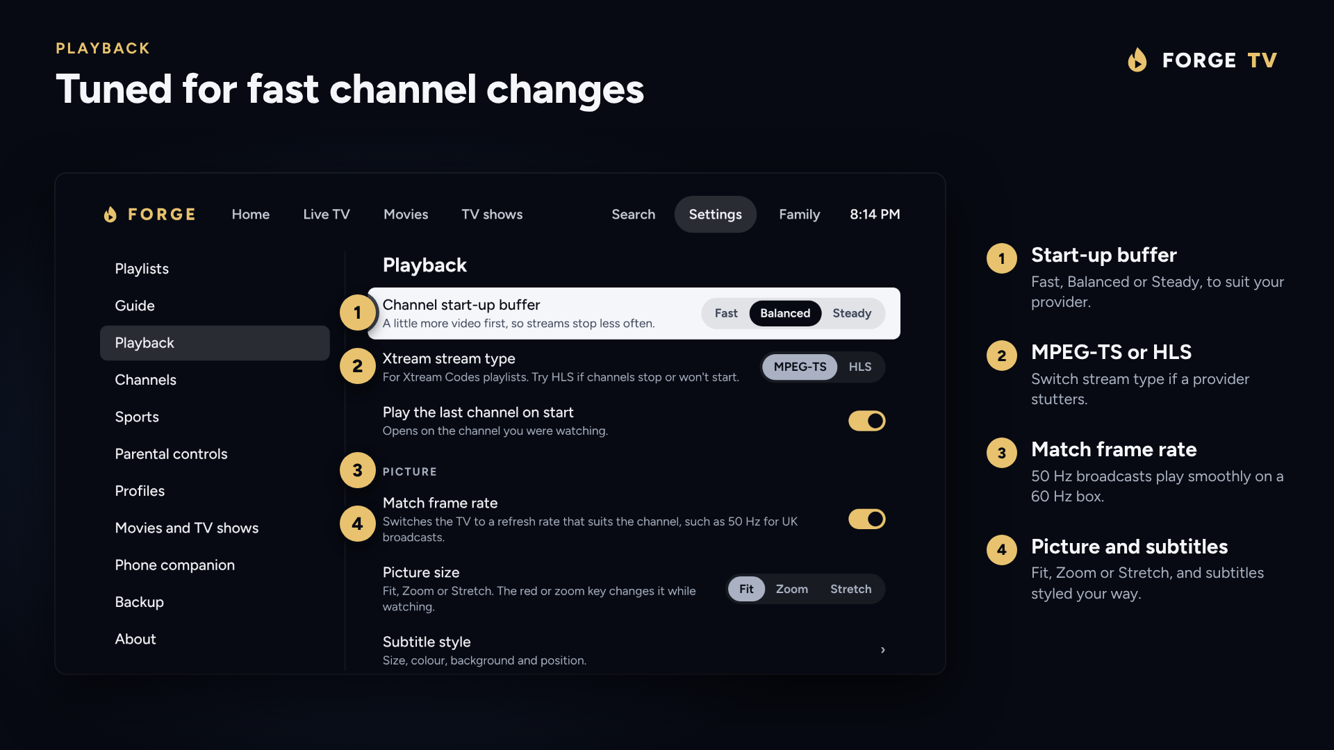 Playback: buffer, frame rate matching and picture size