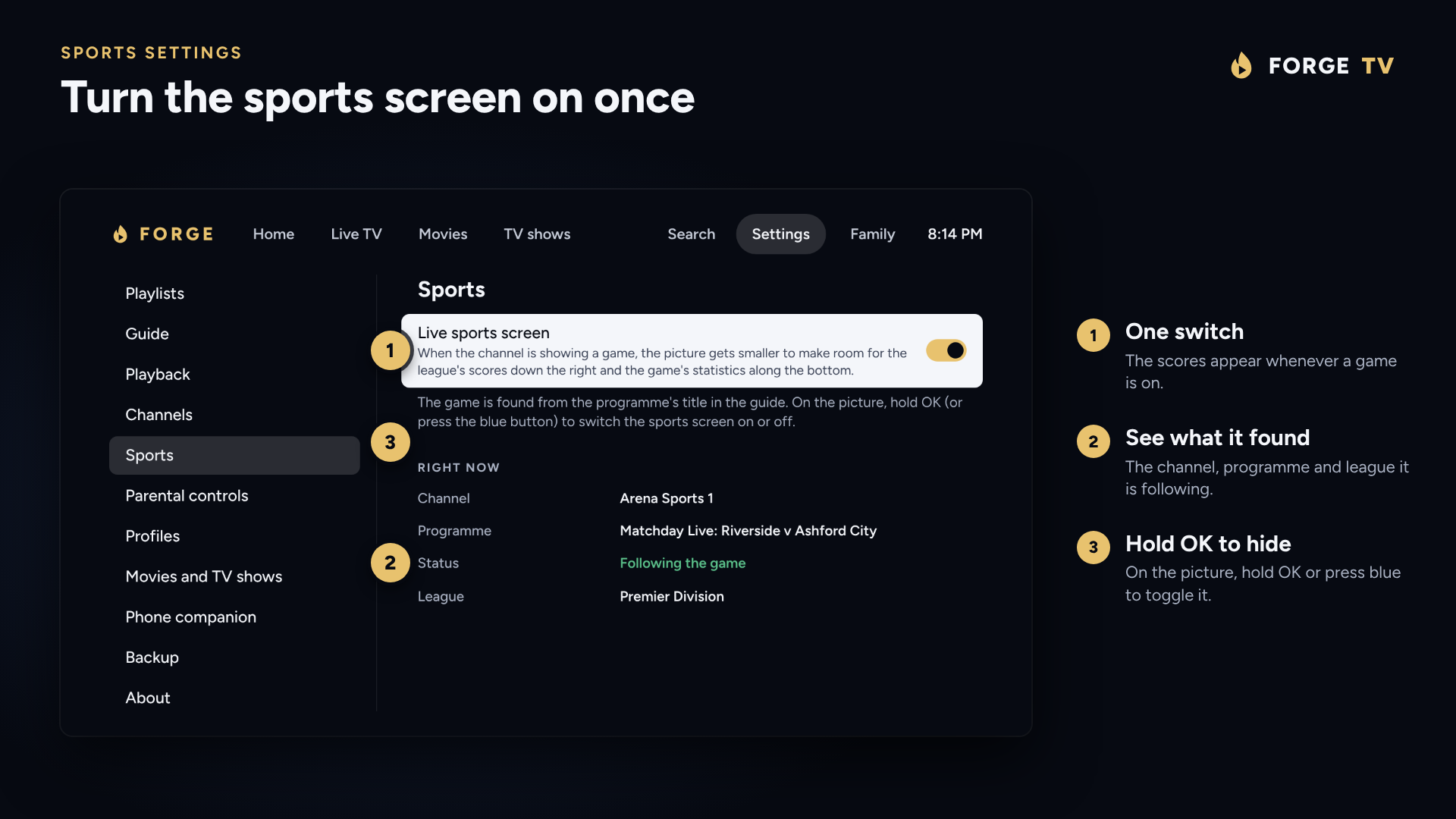 Sports settings: one switch for the sports screen